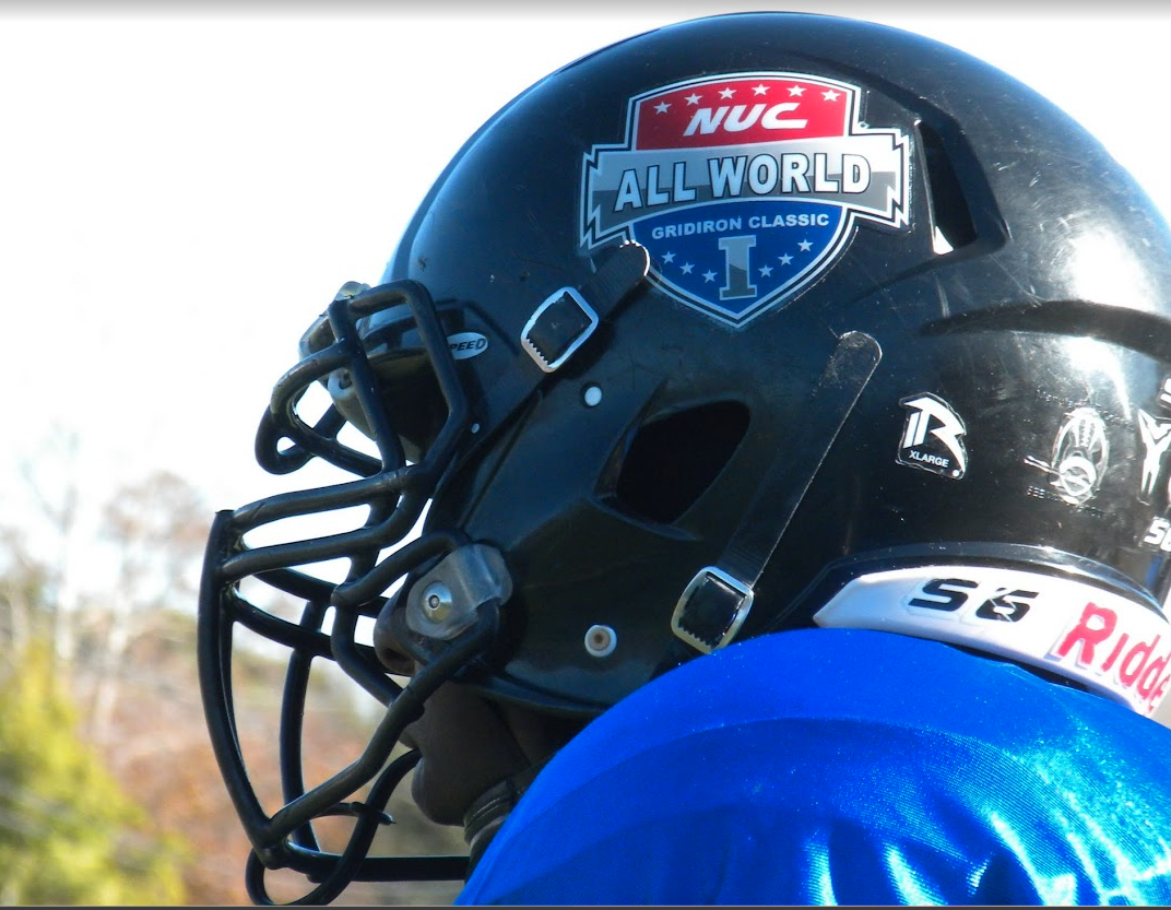 Close-up of black helmet with the NUC All World Gridiron Classic decal