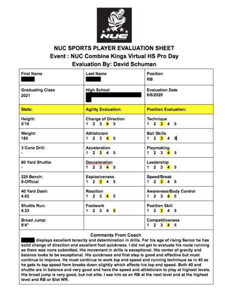 Sample Virtual Combine Evaluation by Coach Schuman